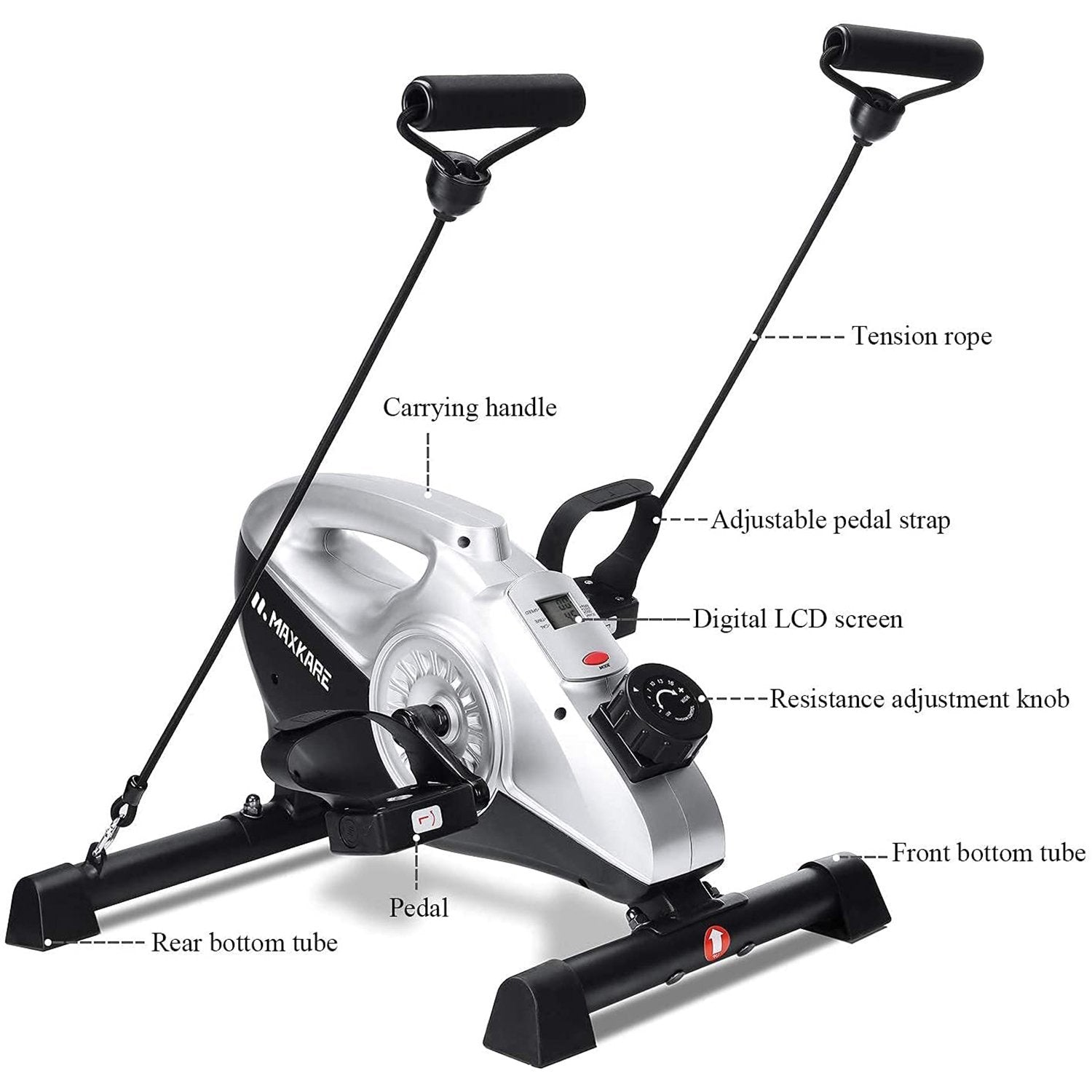 Under Desk Bike Pedal Exerciser 2 in 1 Stationary Magnetic Exercise Bike with LCD Monitor for Arm Leg Body Workout for Men and Women at Home and Office (Resistance Bands Included) - NAIPO