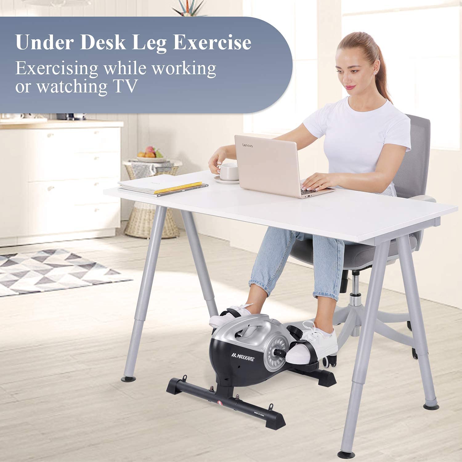 Under Desk Bike Pedal Exerciser 2 in 1 Stationary Magnetic Exercise Bike with LCD Monitor for Arm Leg Body Workout for Men and Women at Home and Office (Resistance Bands Included) - NAIPO