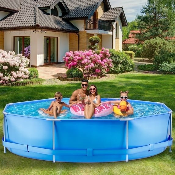 10FT Circular Swimming Pool Metal Frame Above Ground Swimming Pool with Filter Pump for Family Outdoor Backyard Blue - NAIPO