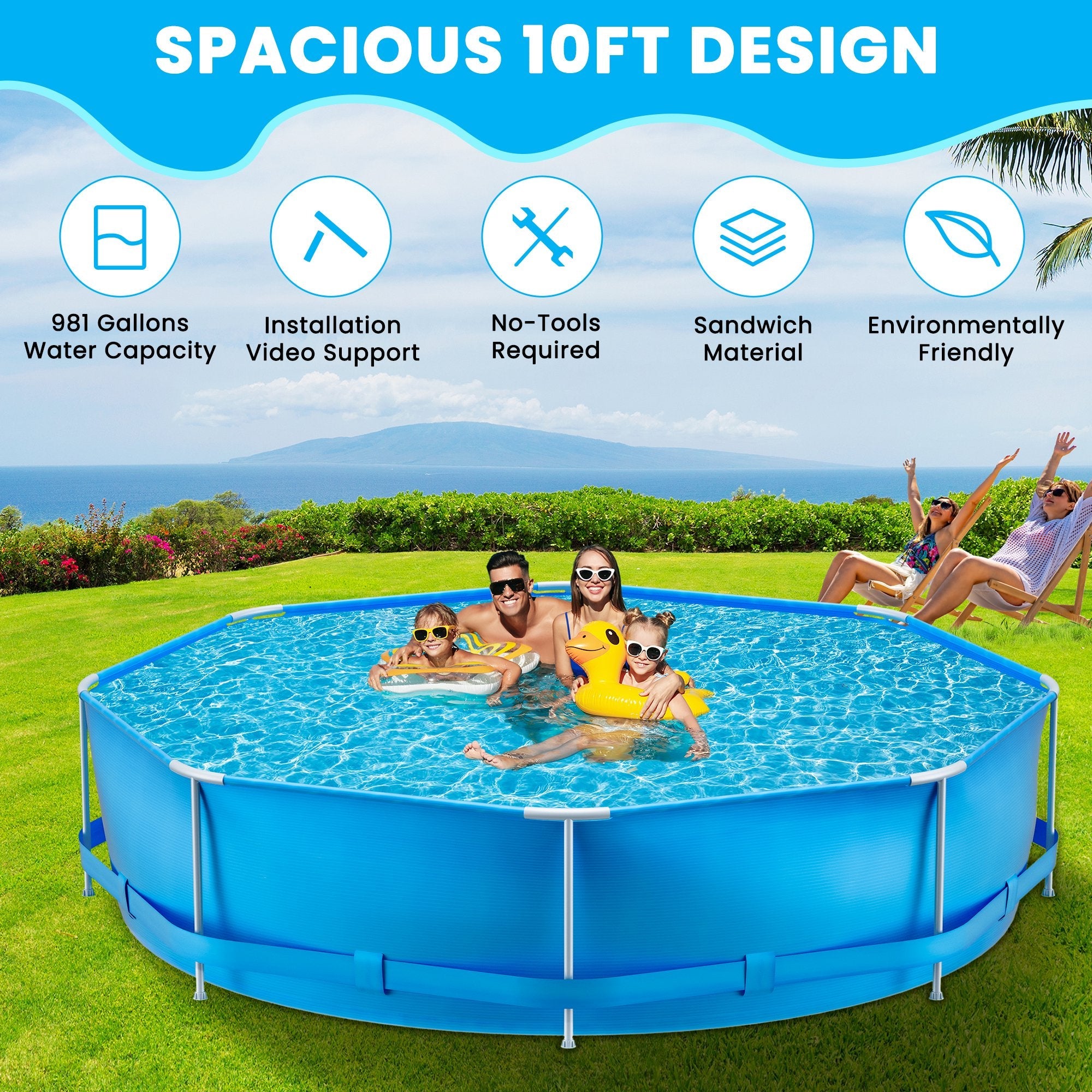 10FT Circular Swimming Pool Metal Frame Above Ground Swimming Pool with Filter Pump for Family Outdoor Backyard Blue