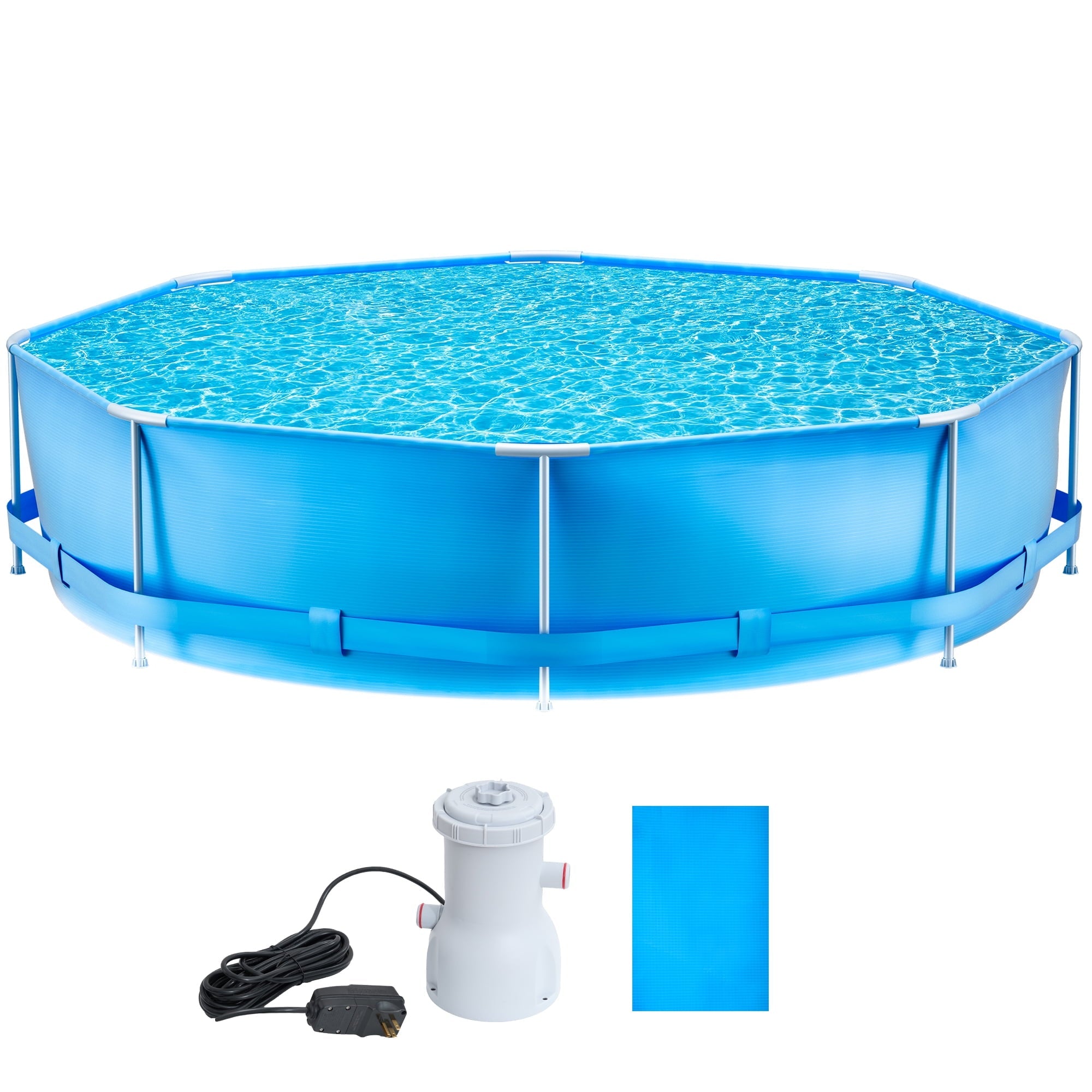 10FT Circular Swimming Pool Metal Frame Above Ground Swimming Pool with Filter Pump for Family Outdoor Backyard Blue