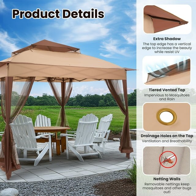 11x11FT Pop Up Gazebo Tent with Mosquito Netting,Instant Outdoor Canopy with 3 Adjustable Height 2-Tiered Vented Top for Garden, Lawn, Backyard and Deck, Beige