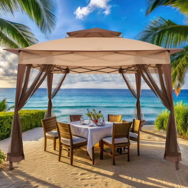 11x11FT Pop Up Gazebo Tent with Mosquito Netting,Instant Outdoor Canopy with 3 Adjustable Height 2 - Tiered Vented Top for Garden, Lawn, Backyard and Deck, Beige - NAIPO