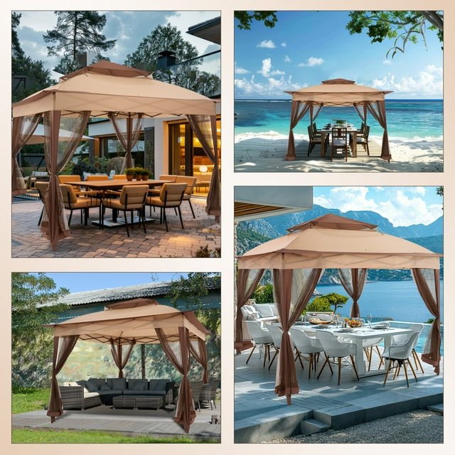 11x11FT Pop Up Gazebo Tent with Mosquito Netting,Instant Outdoor Canopy with 3 Adjustable Height 2 - Tiered Vented Top for Garden, Lawn, Backyard and Deck, Beige - NAIPO