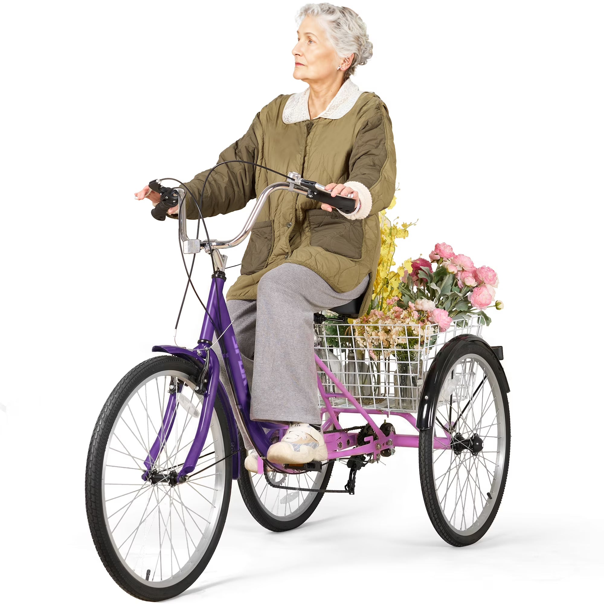 26" Adult Tricycle, Carbon Steel 3 Wheel Bikes 7 Speed Trikes with Adjustable Seat Shopping Basket 360lbs Capacity for Seniors/Commuting Purple