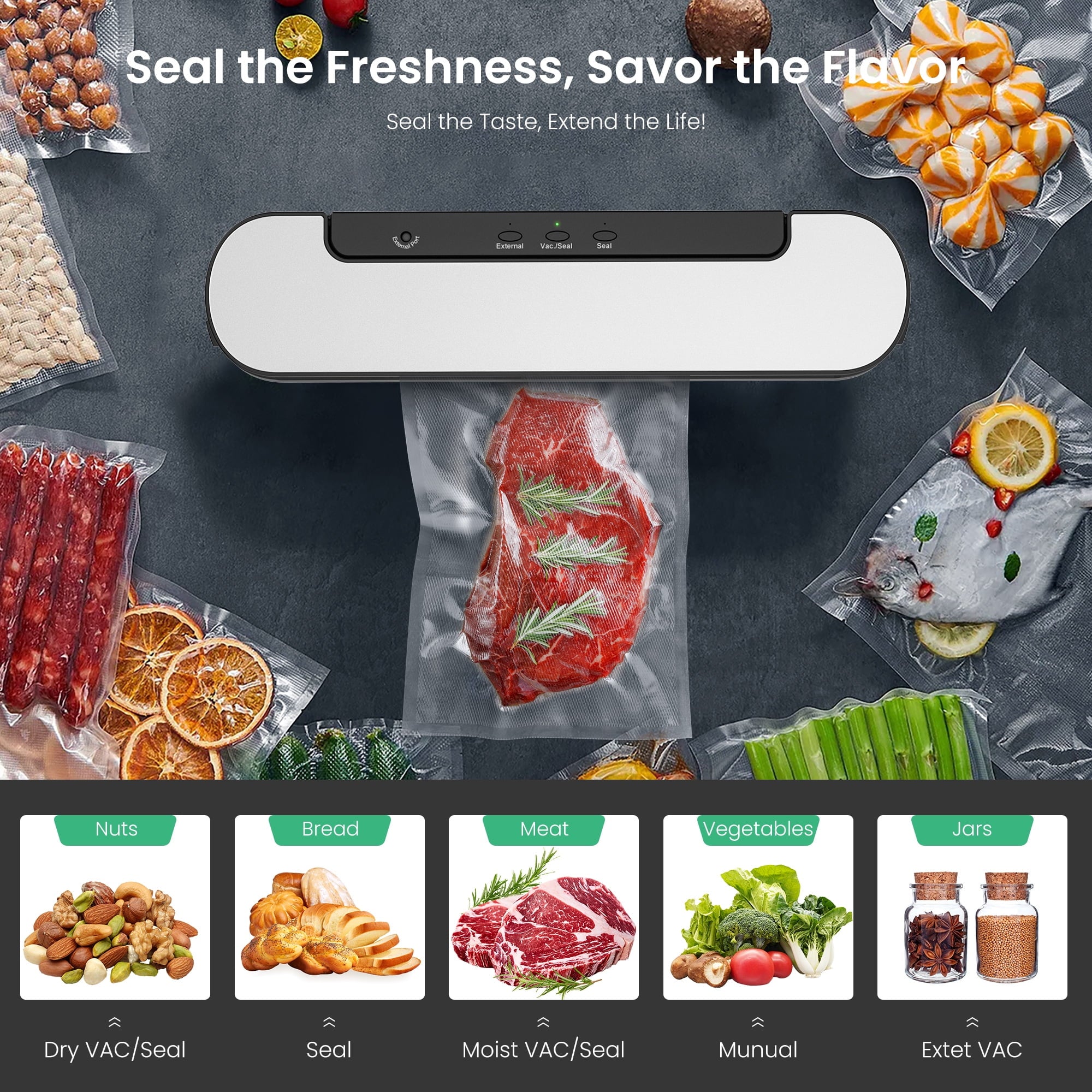 Naipo Automatic Vacuum Sealer Machine, 60KPa Food Saver, Compact Air Sealing System for Refrigerator Storage