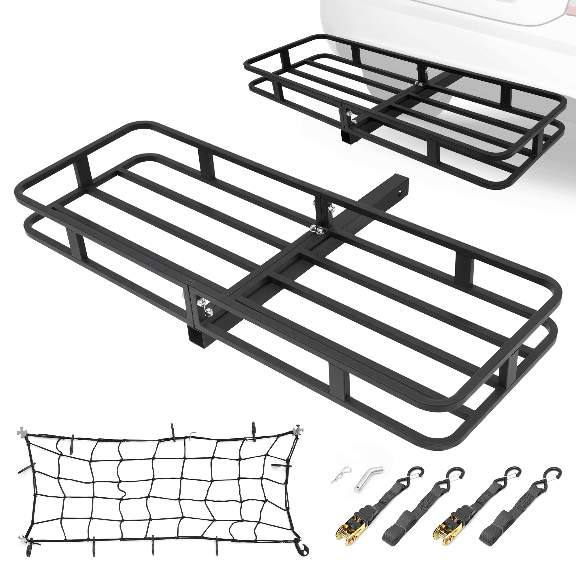 Naipo Hitch Cargo Carrier,53"x19"x5"Heavy-Duty Tow Hitch Cargo Basket,500-lb Rear Luggage Rack with Net&Stabilizer&Ratchet Straps,2" Receiver for SUV,Camping