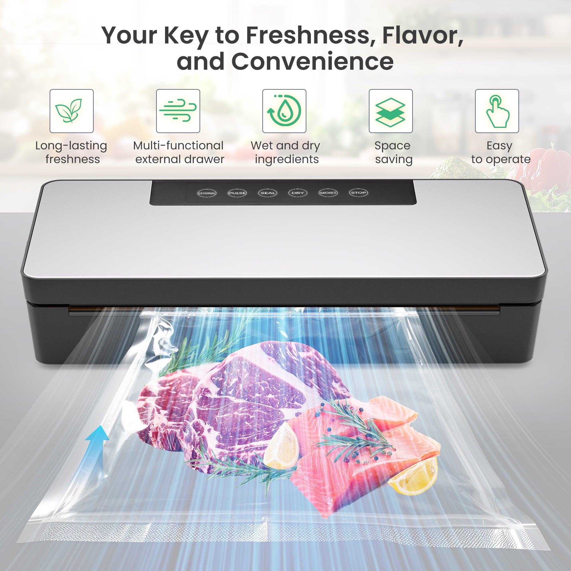 Naipo Vacuum Sealer for Foods, 90KPa Powerful Sealer Machine with Air Hose & 5 Modes Food Saver