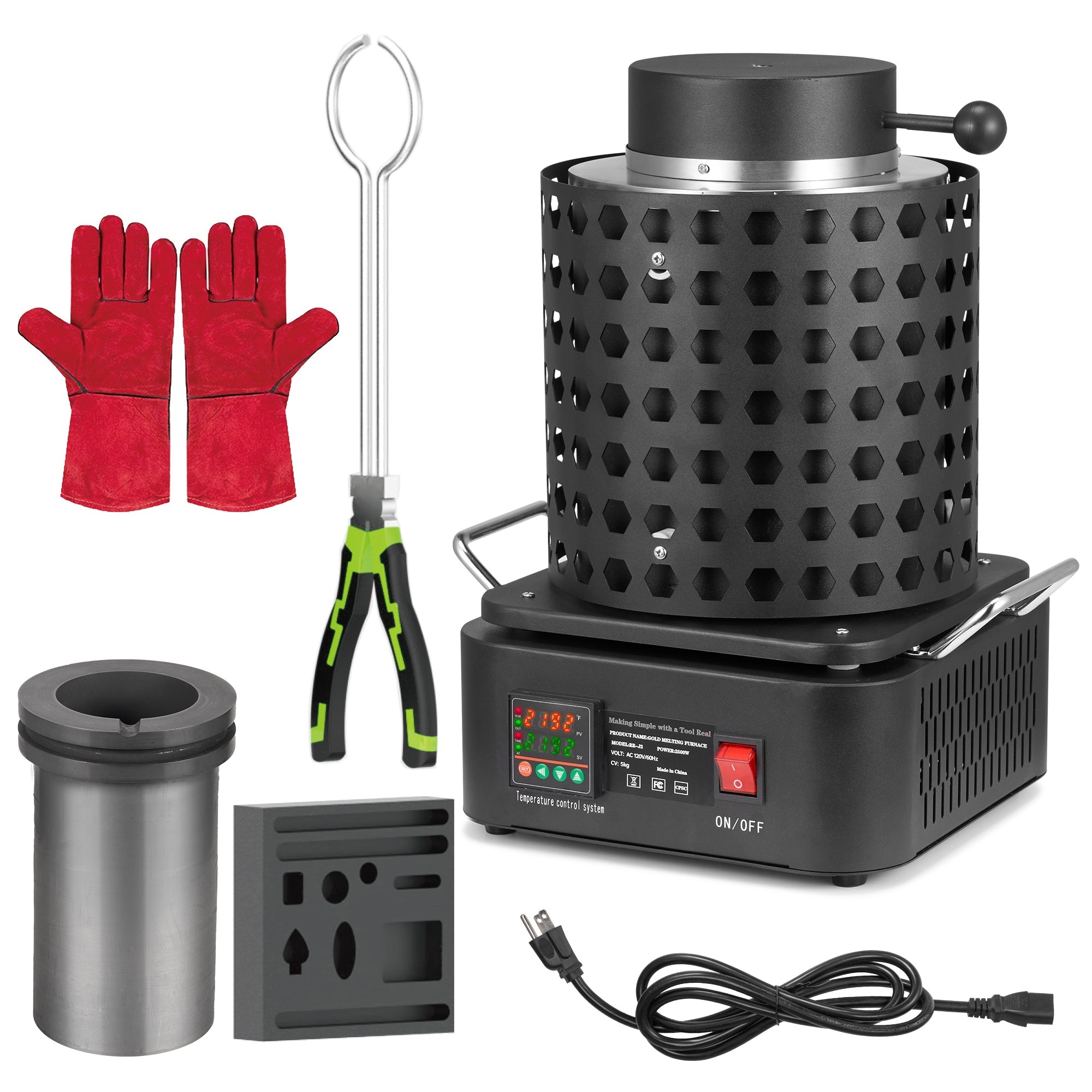 5KG Smelting Furnace Kit ,1200°C/2192°F , 2500W Automatic Electronic Metal Furnace with Graphite Crucible and Ingot Mold for Melting Gold, Silver Copper & Aluminum, for Use in Metal Foundries Smelter