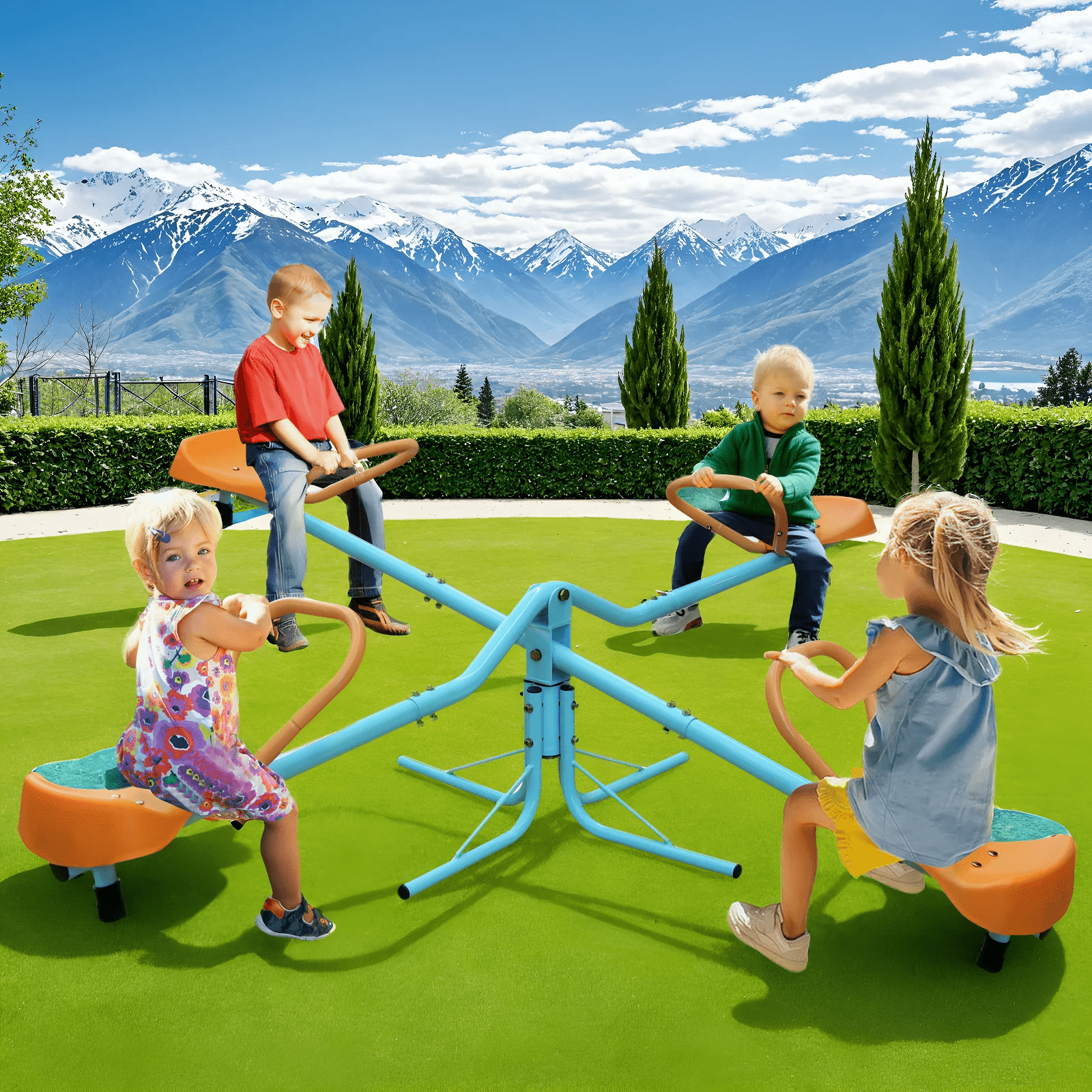 4-Seat Spinning Teeter Totter for Kids Outdoor - Heavy-Duty Backyard Seesaw with Safety Handles Rust-Proof Design | Develops Balance & Coordination