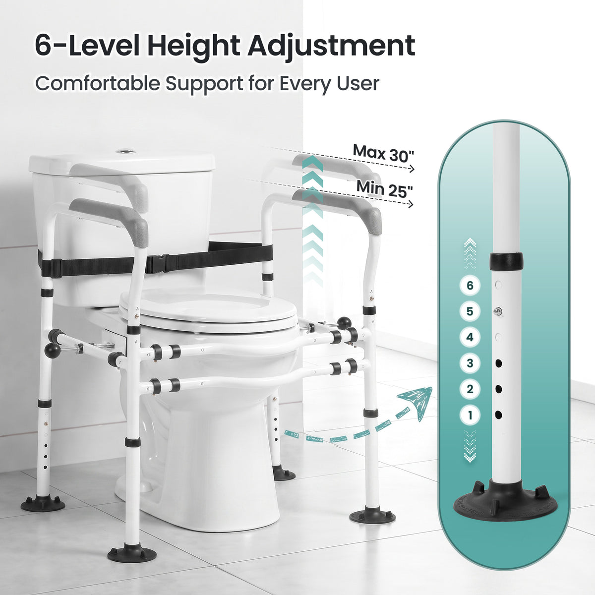 Naipo Toilet Safety Rail for Seniors, Adjustable Height and Width, Non-Slip Handles, Suction Cup Feet with Secure Strap, Supports up to 330 lbs