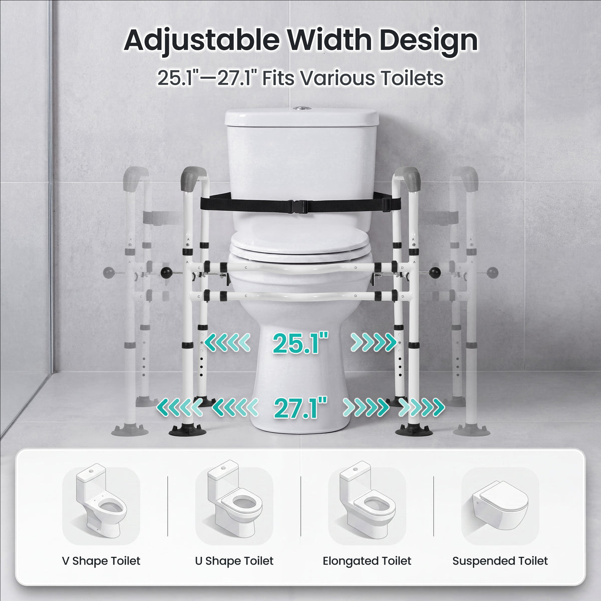 Naipo Toilet Safety Rail for Seniors, Adjustable Height and Width, Non-Slip Handles, Suction Cup Feet with Secure Strap, Supports up to 330 lbs