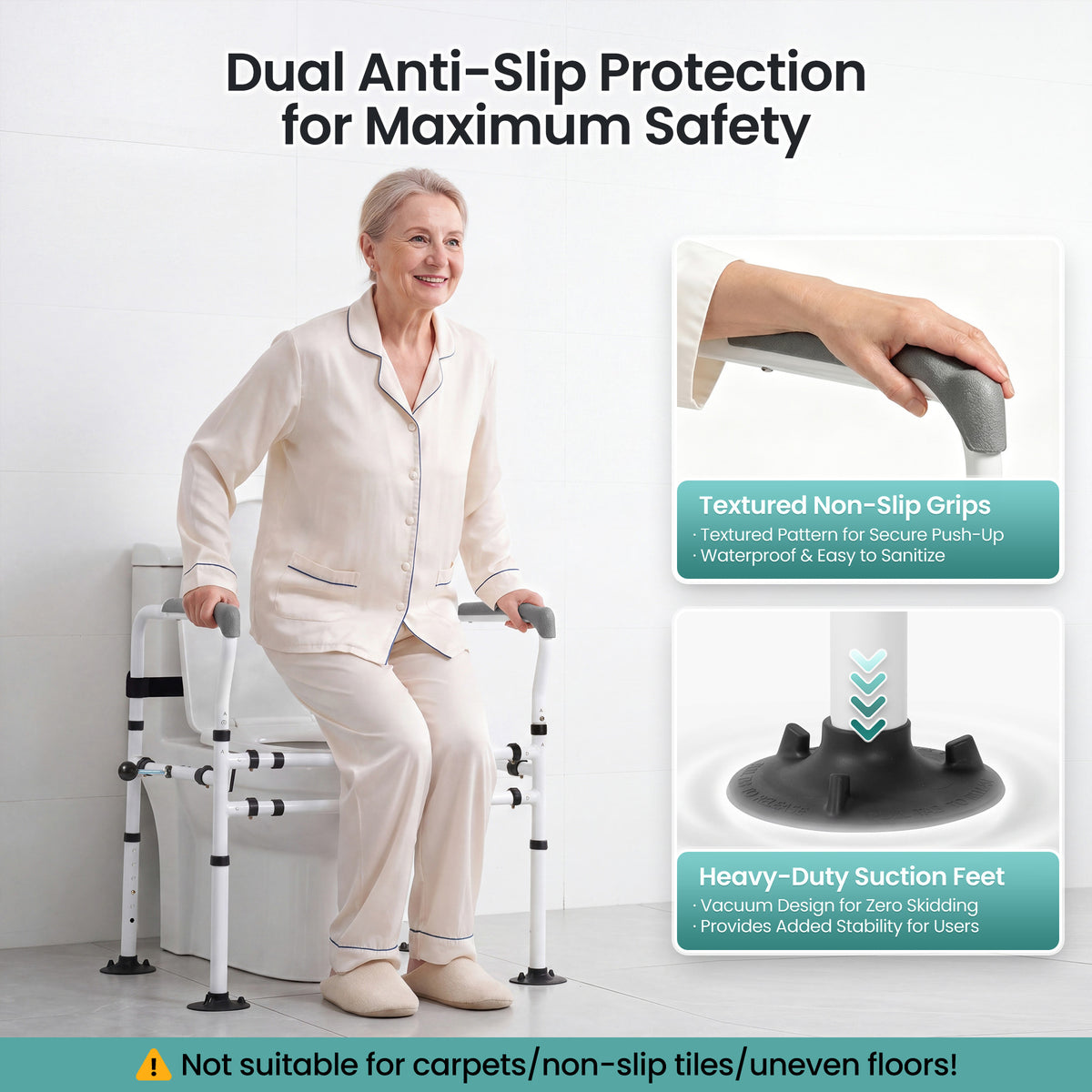 Naipo Toilet Safety Rail for Seniors, Adjustable Height and Width, Non-Slip Handles, Suction Cup Feet with Secure Strap, Supports up to 330 lbs