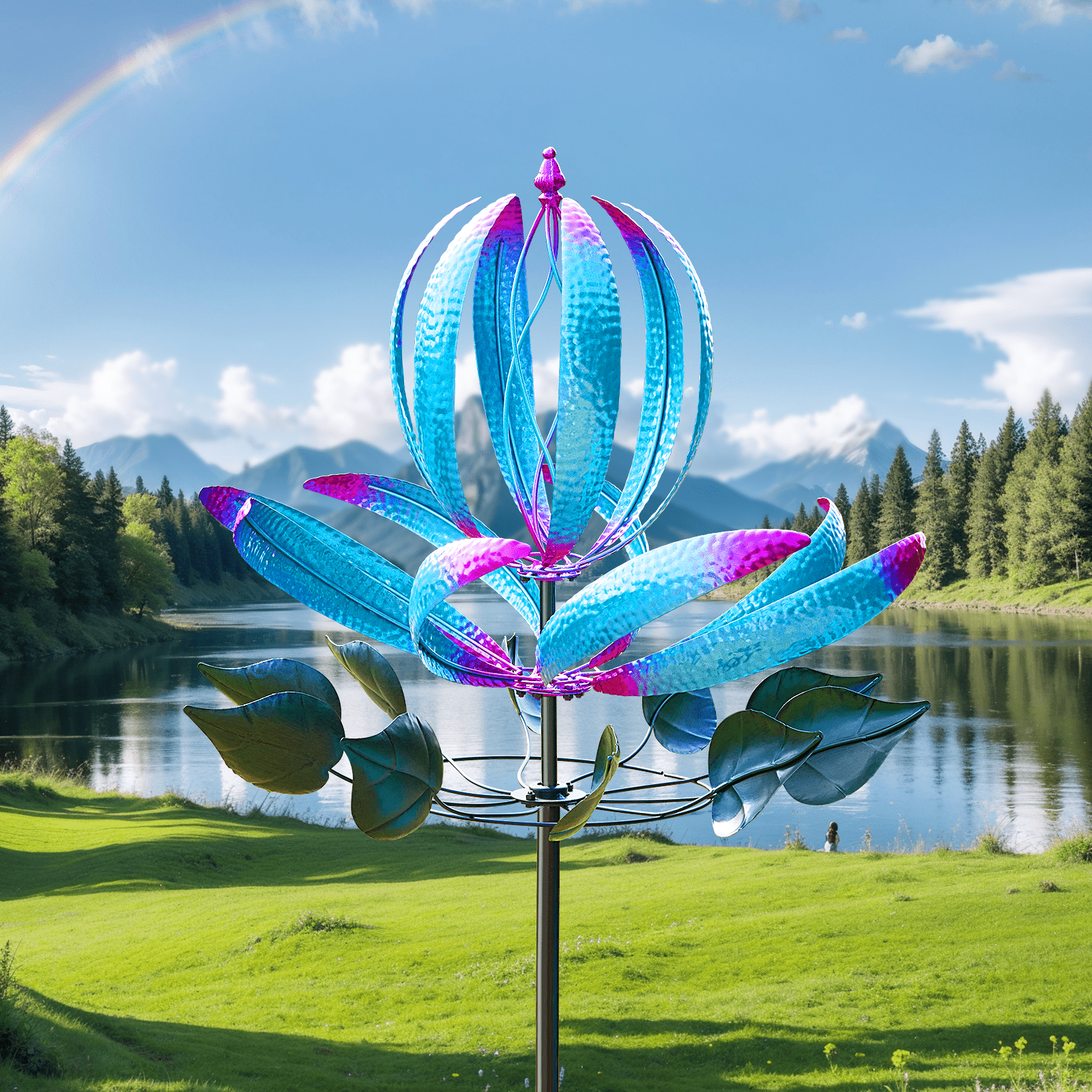 82 inch 3D Metal Wind Spinners Outdoor, Extra Spinner Windmill Wind Sculpture w/Stake for Yards and Outdoor Garden Decor, Blue (23.6" W x 91" H) - NAIPO