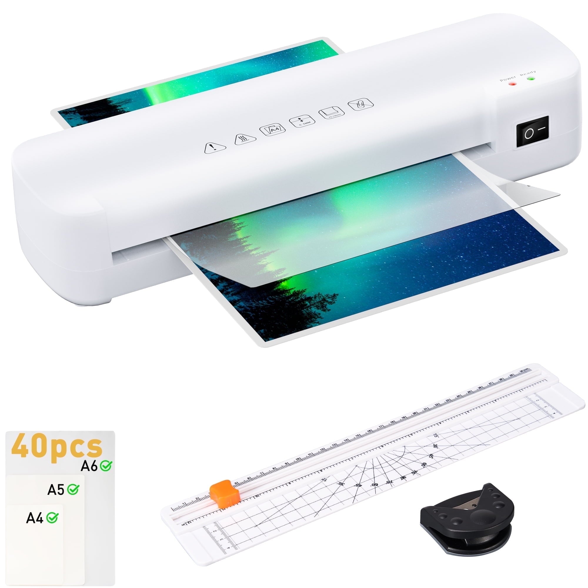 9-Inch Laminator,6 in-1Thermal Laminator Machine, Never Jam Laminator Machine with 40 Laminating Sheets A4/A5/A6 Use for Home, Office or School,Business,White