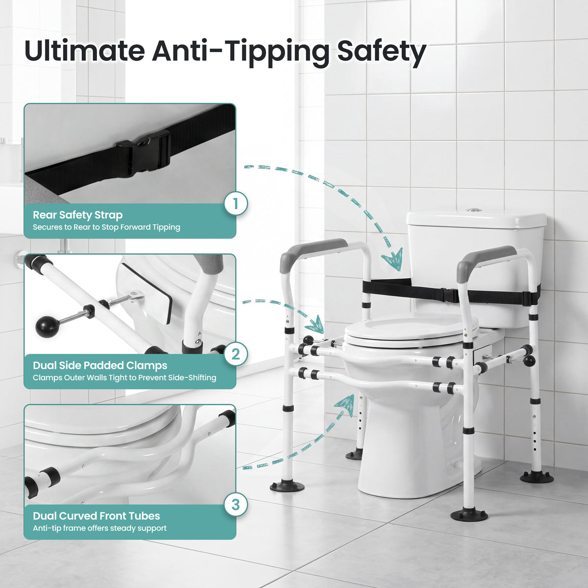 Naipo Toilet Safety Rail for Seniors, Adjustable Height and Width, Non-Slip Handles, Suction Cup Feet with Secure Strap, Supports up to 330 lbs