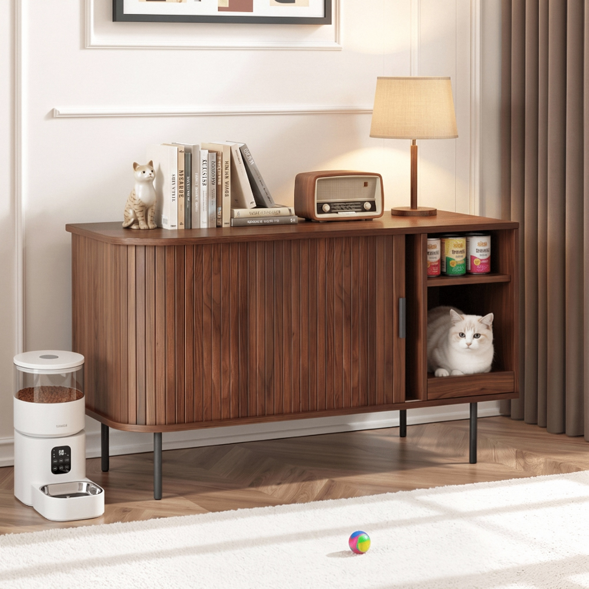 Naipo 37.4" Cat Litter Box Enclosure with Tambour Door,Litter Box Cabinet Furniture with Storage Shelf,Mat & Waterproof Liner,Mid-Century Brown
