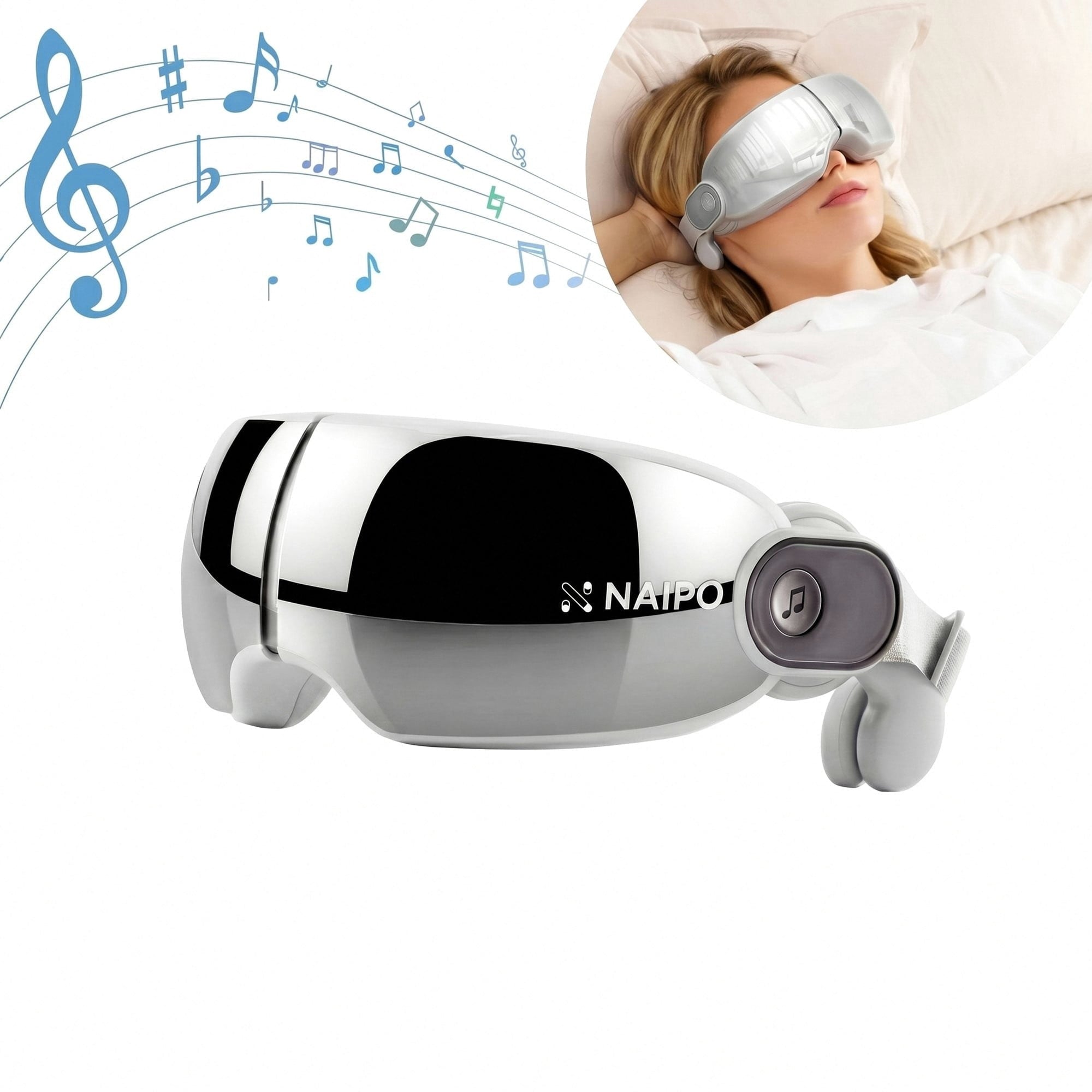 Masseur oculaire Naipo avec chaleur et musique Bluetooth, 4 modes de massage et design ergonomique 3D pour soulager la fatigue oculaire, cadeau d'anniversaire pour la fête des pères.