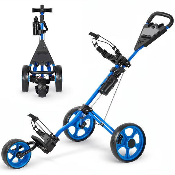 Naipo 3 Wheel Folding Golf Push Pull Cart, Large Wheelbase for Different Terrain, Adjustable Handle, Scorecard Holder, Blue