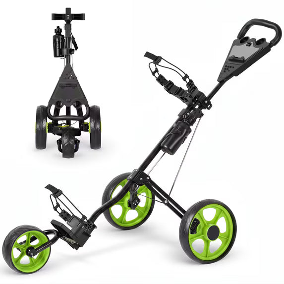 Naipo 3 Wheel Folding Golf Push Pull Cart, Large Wheelbase for Different Terrain, Adjustable Handle, Scorecard Holder, Green