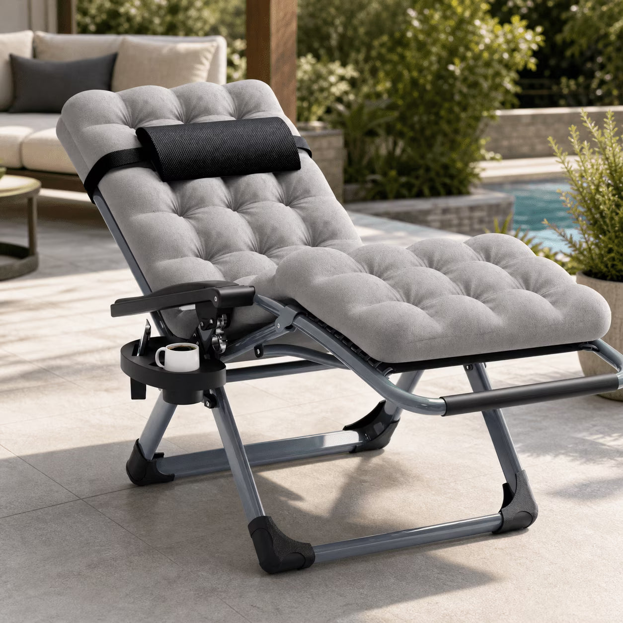 Naipo Zero Gravity Chair, Padded Folding Outdoor Lounge Recliner with Removable Cushion, Adjustable Headrest, Cup Holder Side Tray, 353 lbs Capacity, Gray