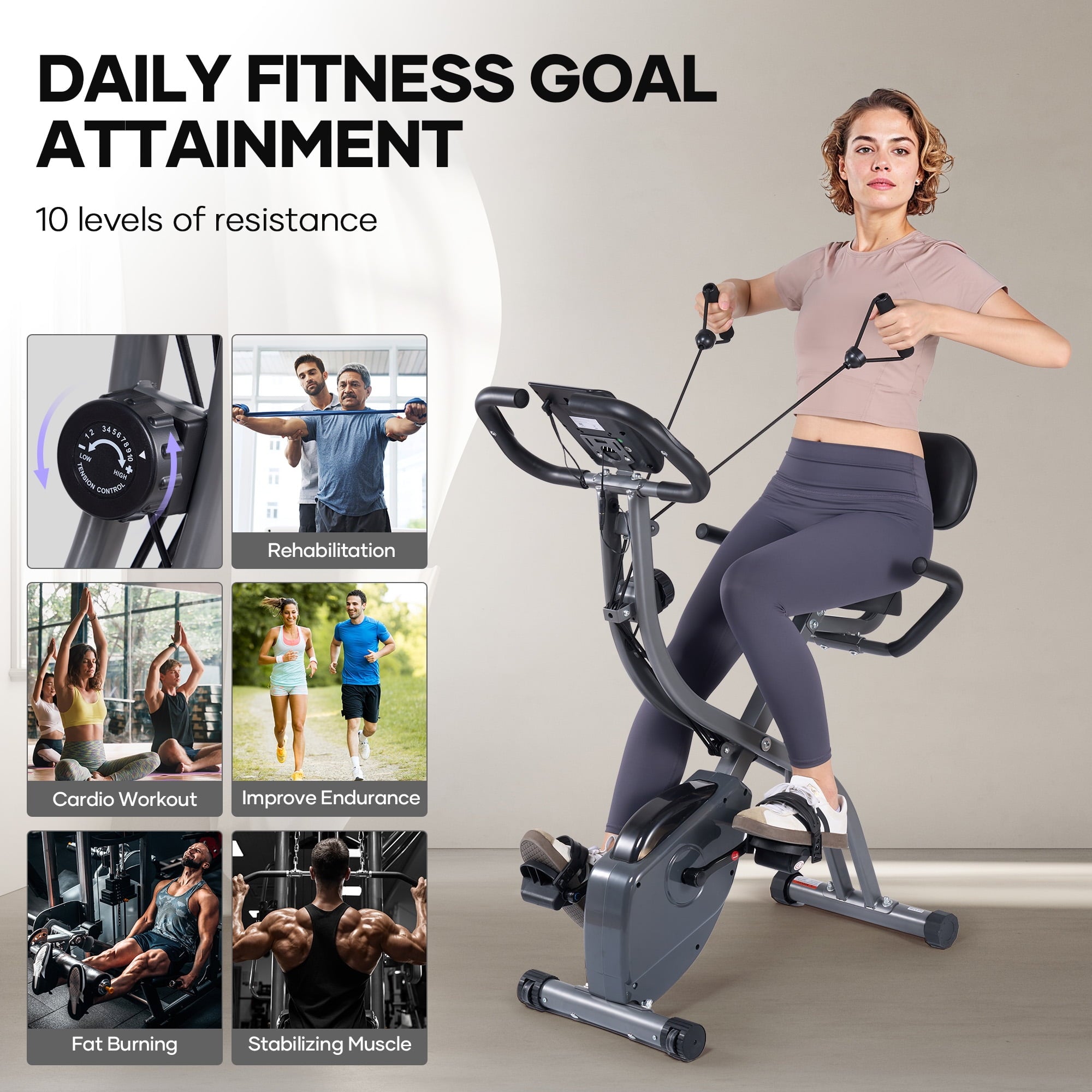 Naipo 3in1 Folding Exercise Bike Magnetic Upright Bike with 10 levels of adjustable resistance Indoor Cycling Stationary Exercise Bike Perfect for Home Use