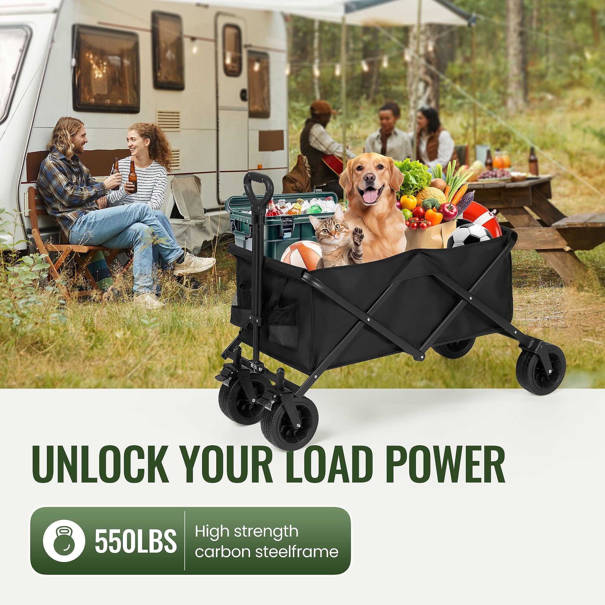 Collapsible Wagon Cart Foldable Utility Heavy Duty Wagons Carts with 550lbs Capacity Portable Folding Bench Garden Cart for Grocery Shopping Camping
