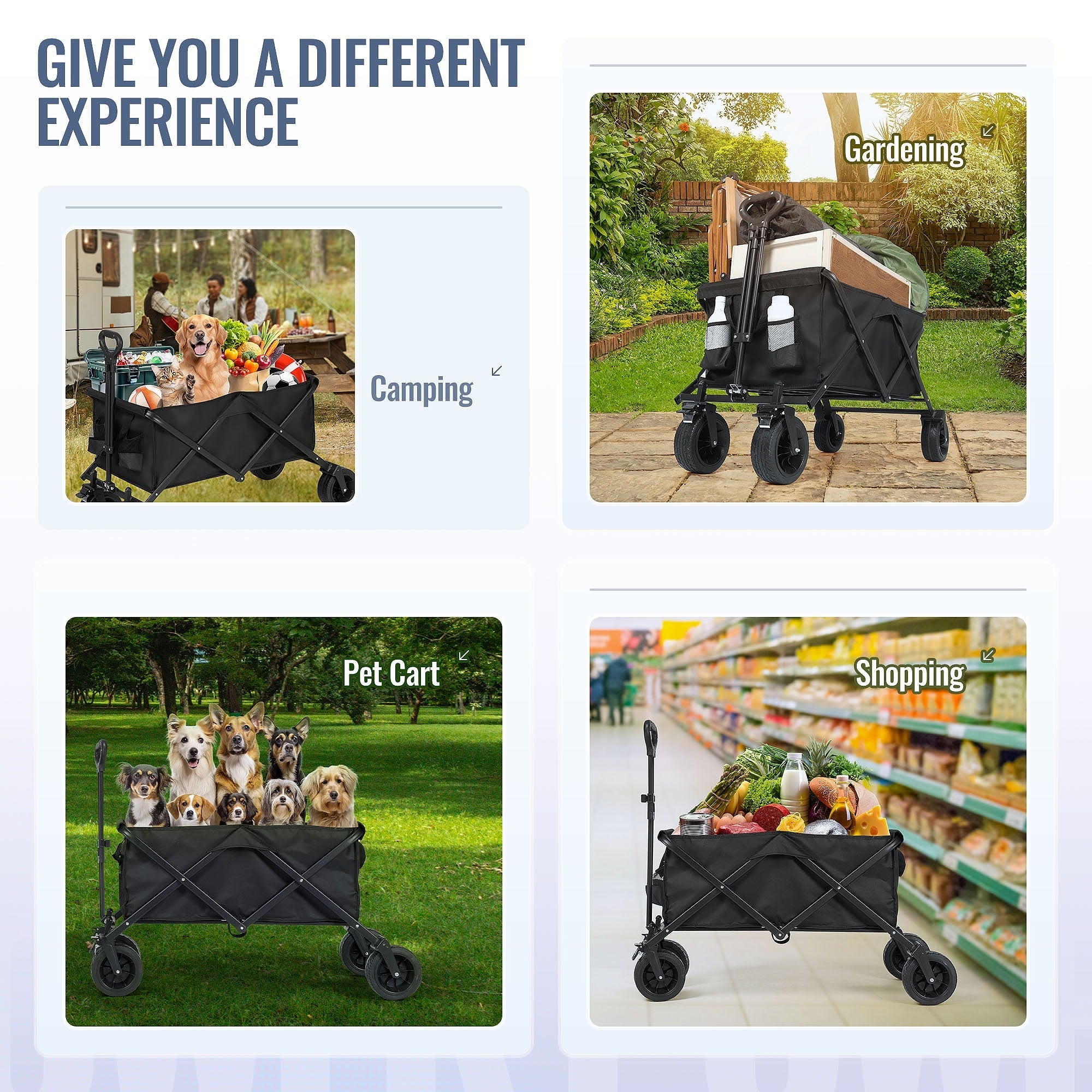 Collapsible Wagon Cart Foldable Utility Heavy Duty Wagons Carts with 550lbs Capacity Portable Folding Bench Garden Cart for Grocery Shopping Camping - NAIPO