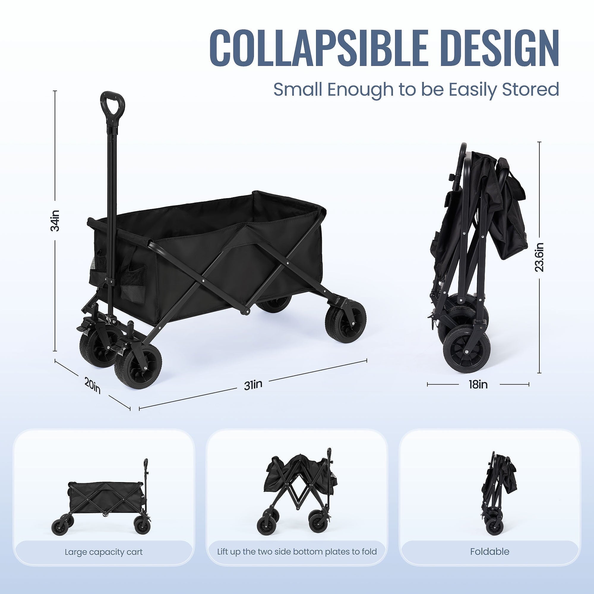 Collapsible Wagon Cart Foldable Utility Heavy Duty Wagons Carts with 550lbs Capacity Portable Folding Bench Garden Cart for Grocery Shopping Camping - NAIPO