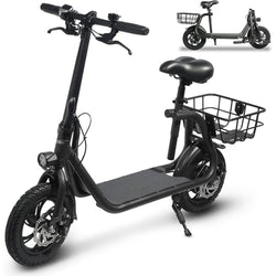Electric Scooter with Seat, 34/21 Miles Long Range & 21/15.6 Mph Top Speed, 14"/12'' Pneumatic Tire, Height Adjustable Seat &Handlebar, Dual Suspensions Commuting Scooter with Basket - NAIPO