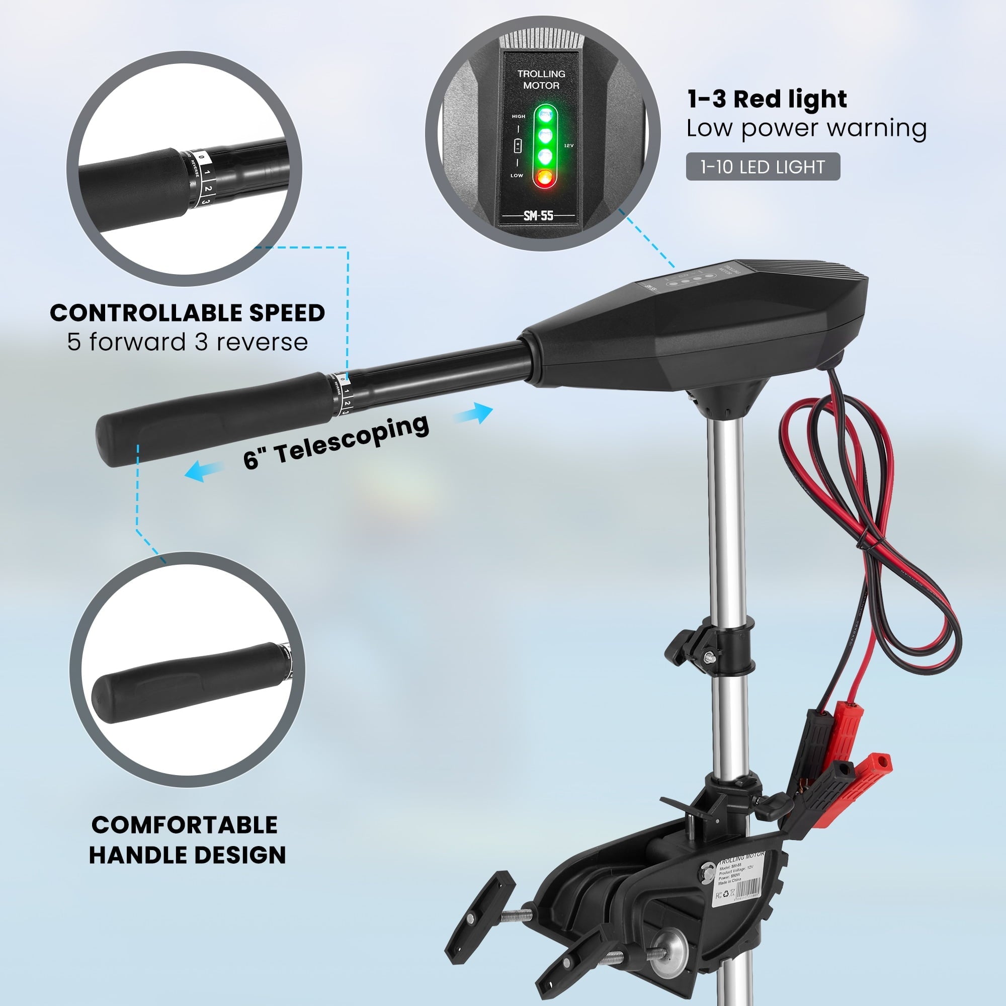 Electric Trolling Motor with 55 Lbs Thrust 8 Speeds, Boat Fishing Motor with Telescoping Handle, LED Battery Indicator for Kayak Fishing Boat Freshwater Saltwater Use - NAIPO