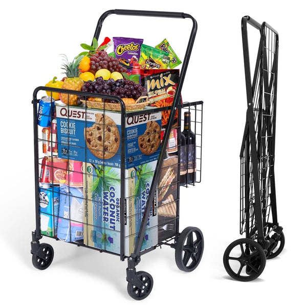 Folding Shopping Cart with Wheels & Double Basket Folding Utility Shopping Cart with Waterproof Removable Lining ,Portable Lightweight Trolley 180 LBS Capacity for Grocery Laundry