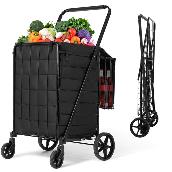 Folding Shopping Cart with Wheels & Double Basket Folding Utility Shopping Cart with Waterproof Removable Lining ,Portable Lightweight Trolley 180 LBS Capacity for Grocery Laundry