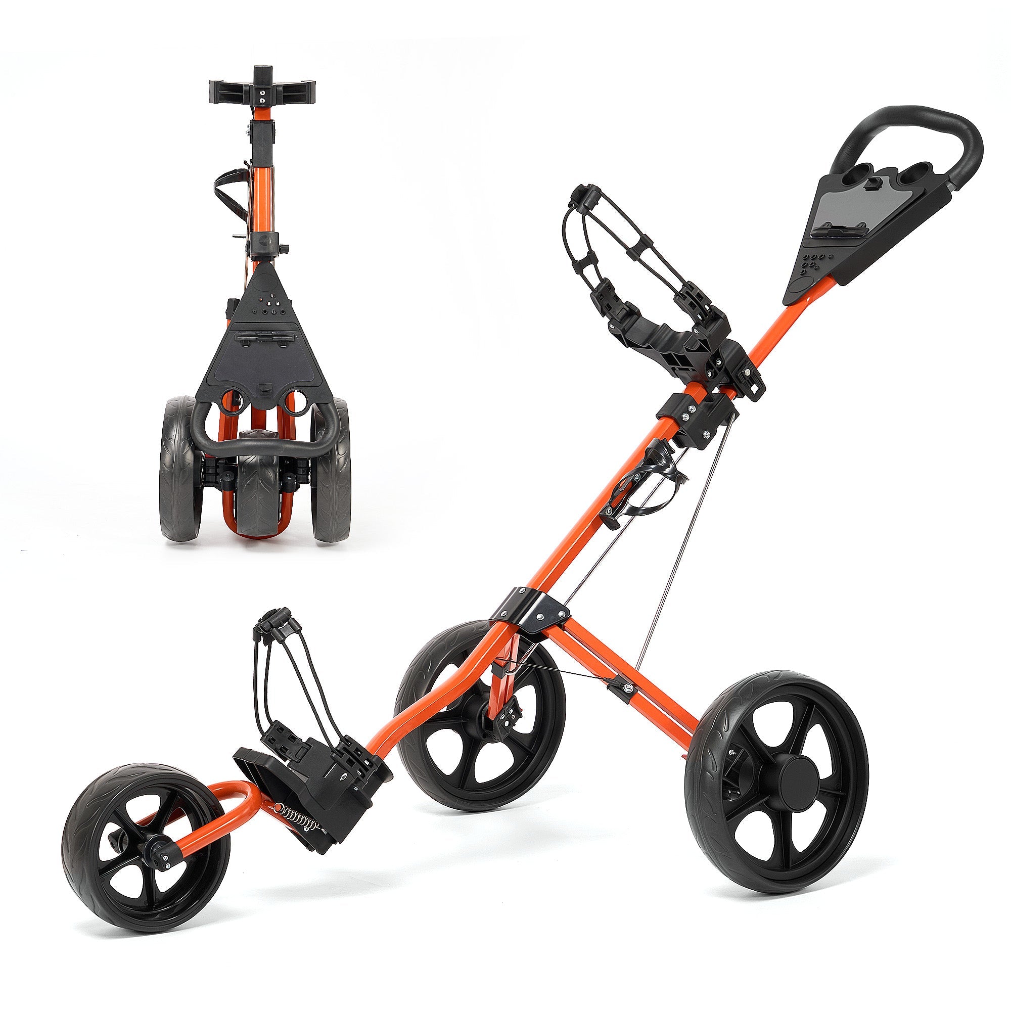 Golf Cart Push Bag Folding 3 Wheels Golf Pull with Scoreboard Adjustable Handle Large Wheelbase for Different Terrain, Orange