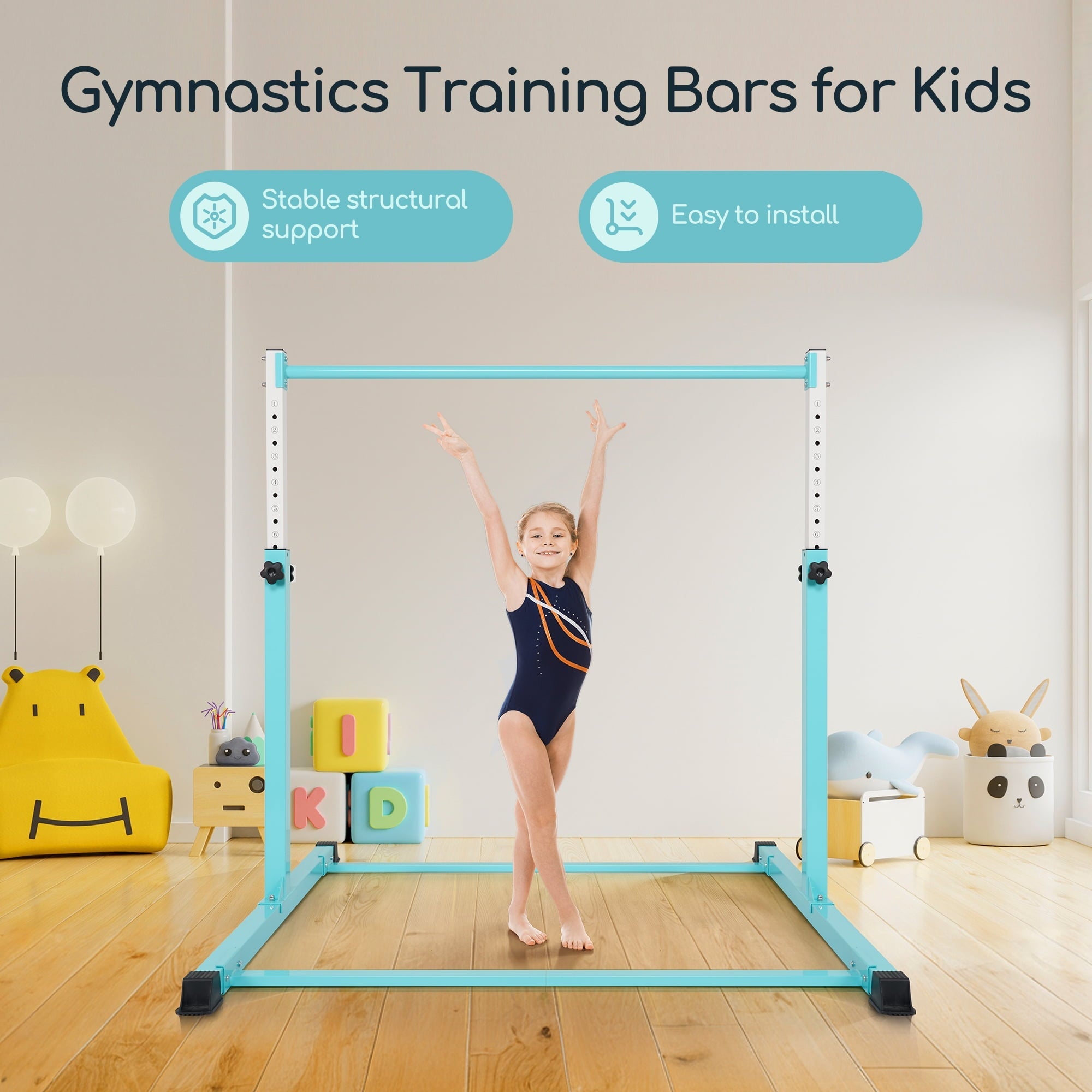 Gymnastics Bar Horizontal Training Bars for Teenager 3-15 with Steady Steel Construction,Easy to Assemble, Anti-Slip 3' to 5' Adjustable Height for Home and Club Use