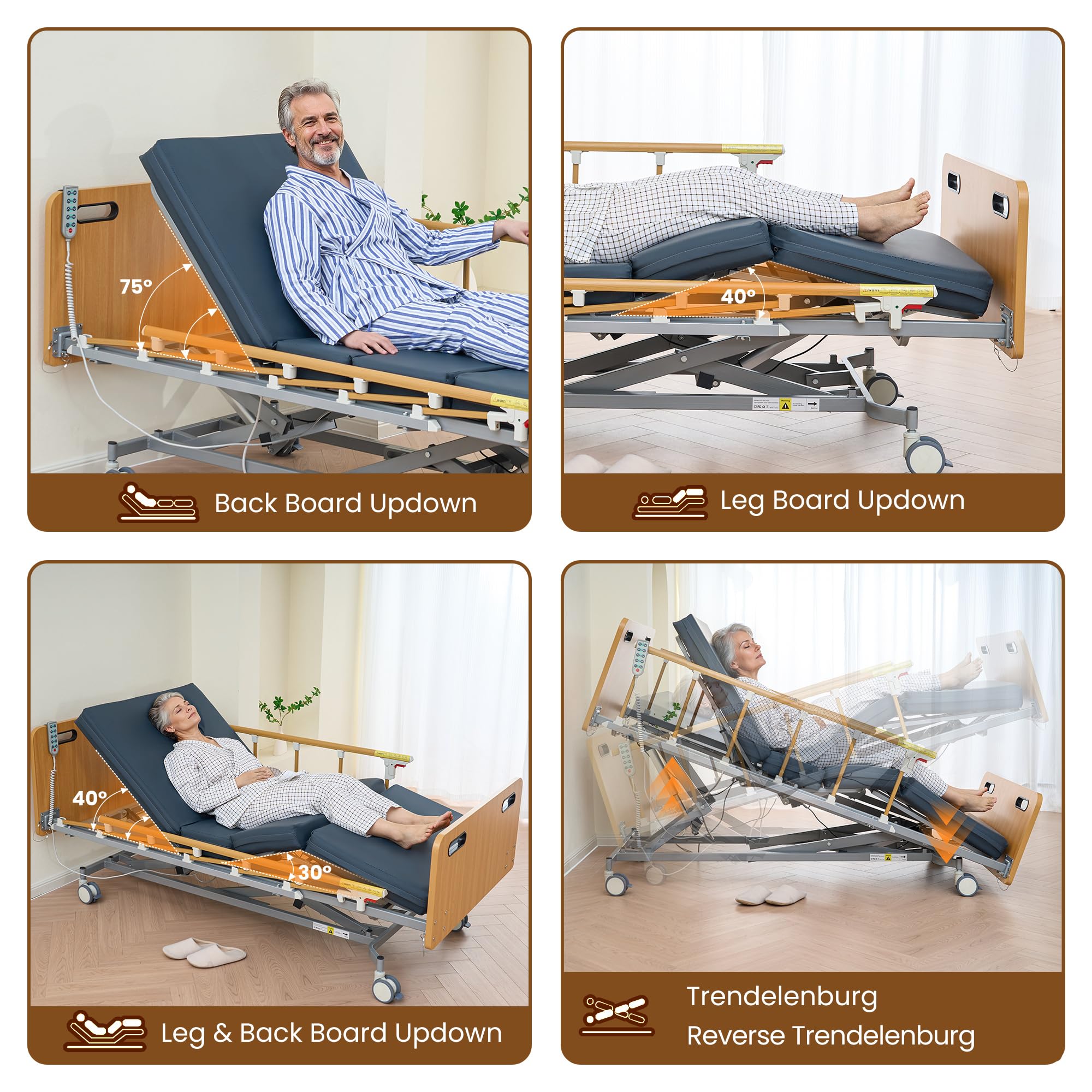 NAIPO 5 Functions Full Electric Hospital Bed for Home Use, Electric Medical Bed with Movable Bedside Table & Mattress for Seniors, 9.4"-28.5"Height, 530 lbs Capacity