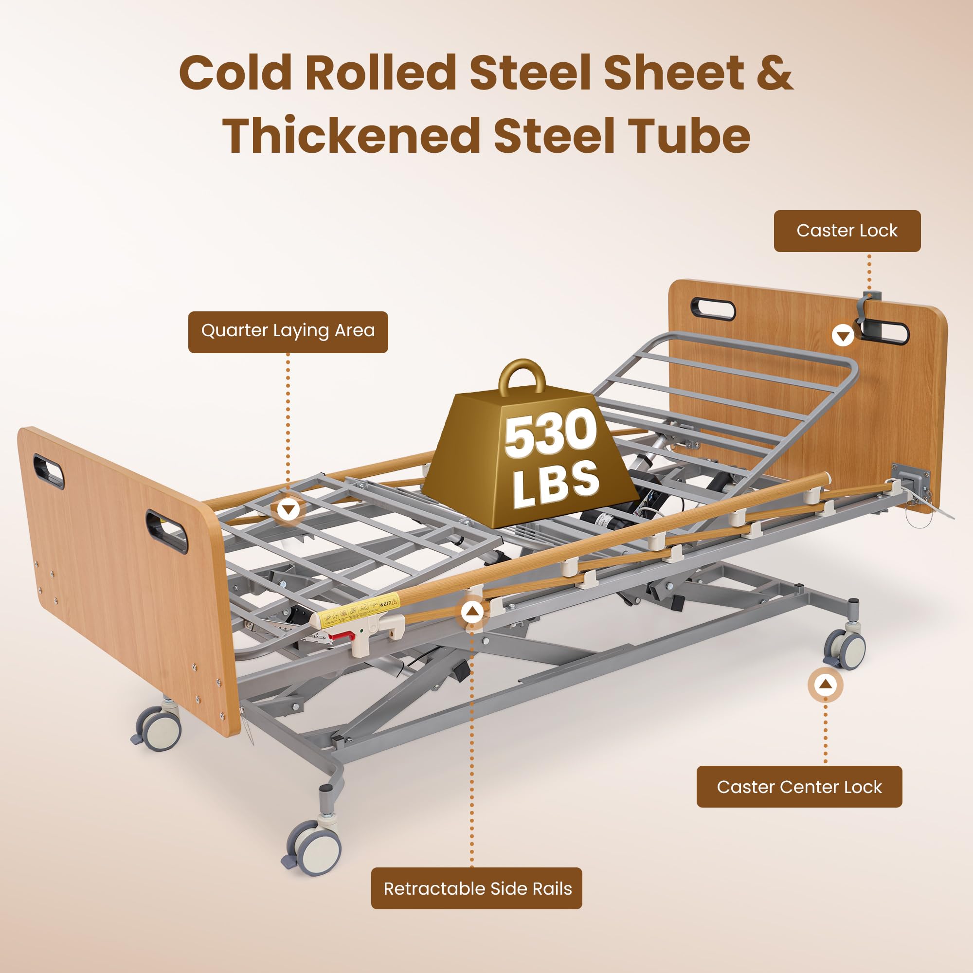 NAIPO 5 Functions Full Electric Hospital Bed for Home Use, Electric Medical Bed with Movable Bedside Table & Mattress for Seniors, 9.4"-28.5"Height, 530 lbs Capacity