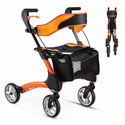 MaxKare Rollator Walker for Seniors, 6 Level for Height Adjustment, 8" Wheels Folding Lightweight Walking Aid with Seat Padded Backrest, Orange - NAIPO