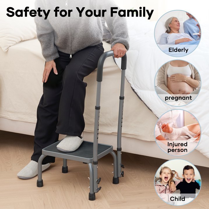 Medical Step Stool with Handle 7 Level Adjustable Height Non - Slip Steel Rubber Platform Footstool for Seniors, 300 lb. Weight Capacity - NAIPO