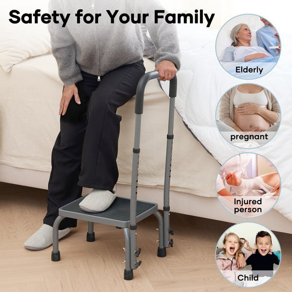 Medical Step Stool with Handle 7 Level Adjustable Height Non-Slip Steel Rubber Platform Footstool for Seniors, 300 lb. Weight Capacity