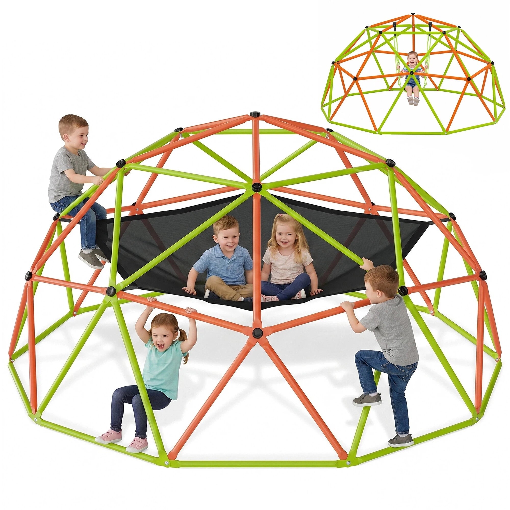 Naipo 10FT Climbing Dome with Hammock Swing Kids Outdoor Jungle Gym Playground Climber 500 lbs Gift for Boys Girls Orange & Green - NAIPO
