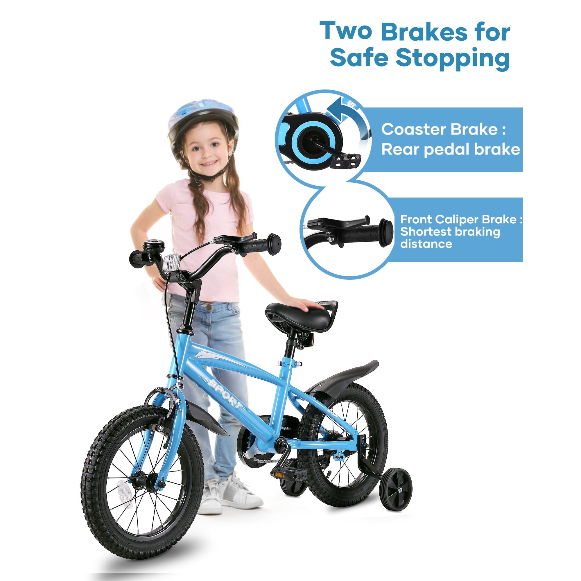 Naipo 12"/14"/ 16"/18" Kids Bike Girls and Boys Blue Bike with Removable Training Wheels - NAIPO