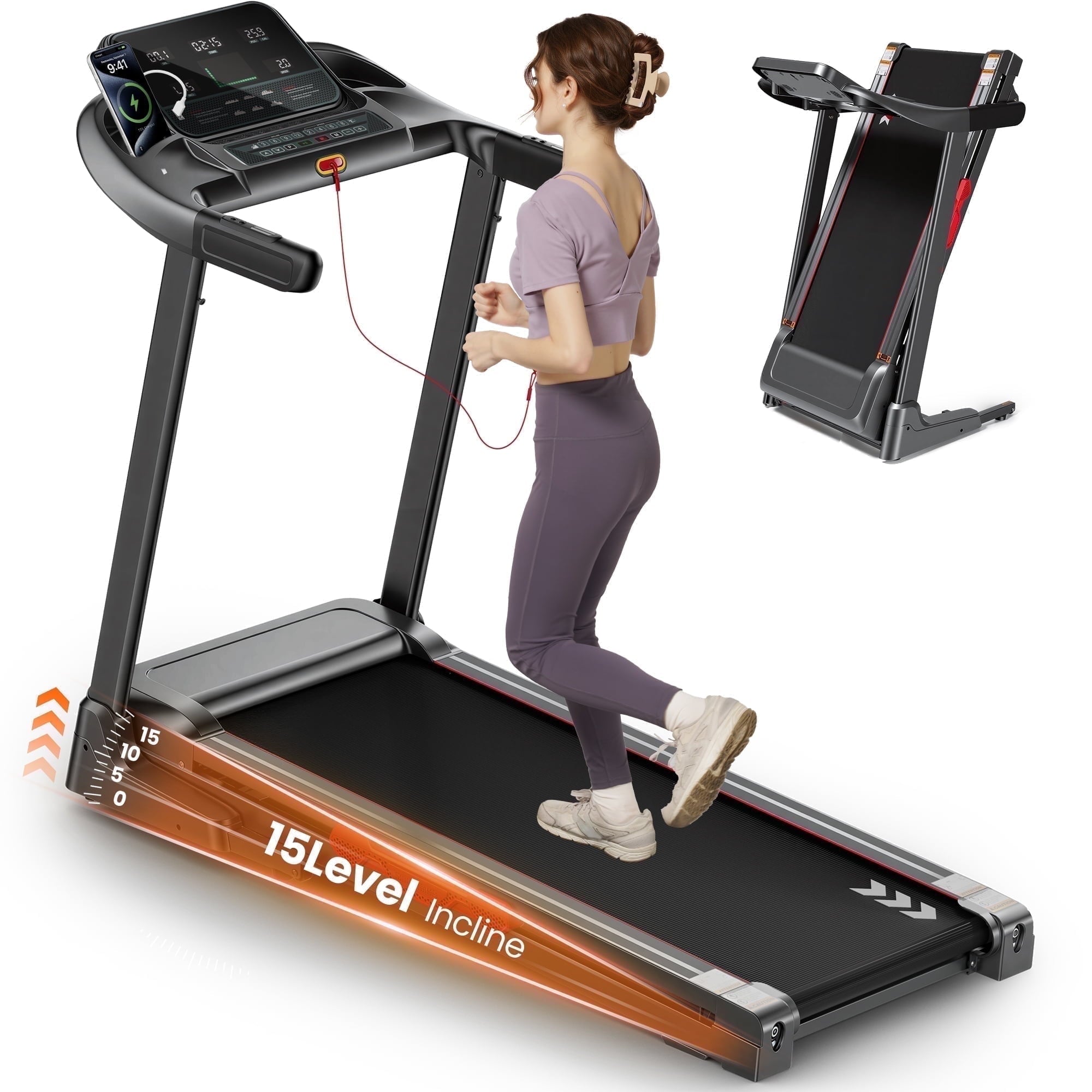 Naipo 15 Level Auto Incline Treadmill with Smart APP&5W USB &LED Display Speed Range 0.6 - 9mph Foldable Electric Treadmill 286 lbs for Home Use Workout - NAIPO