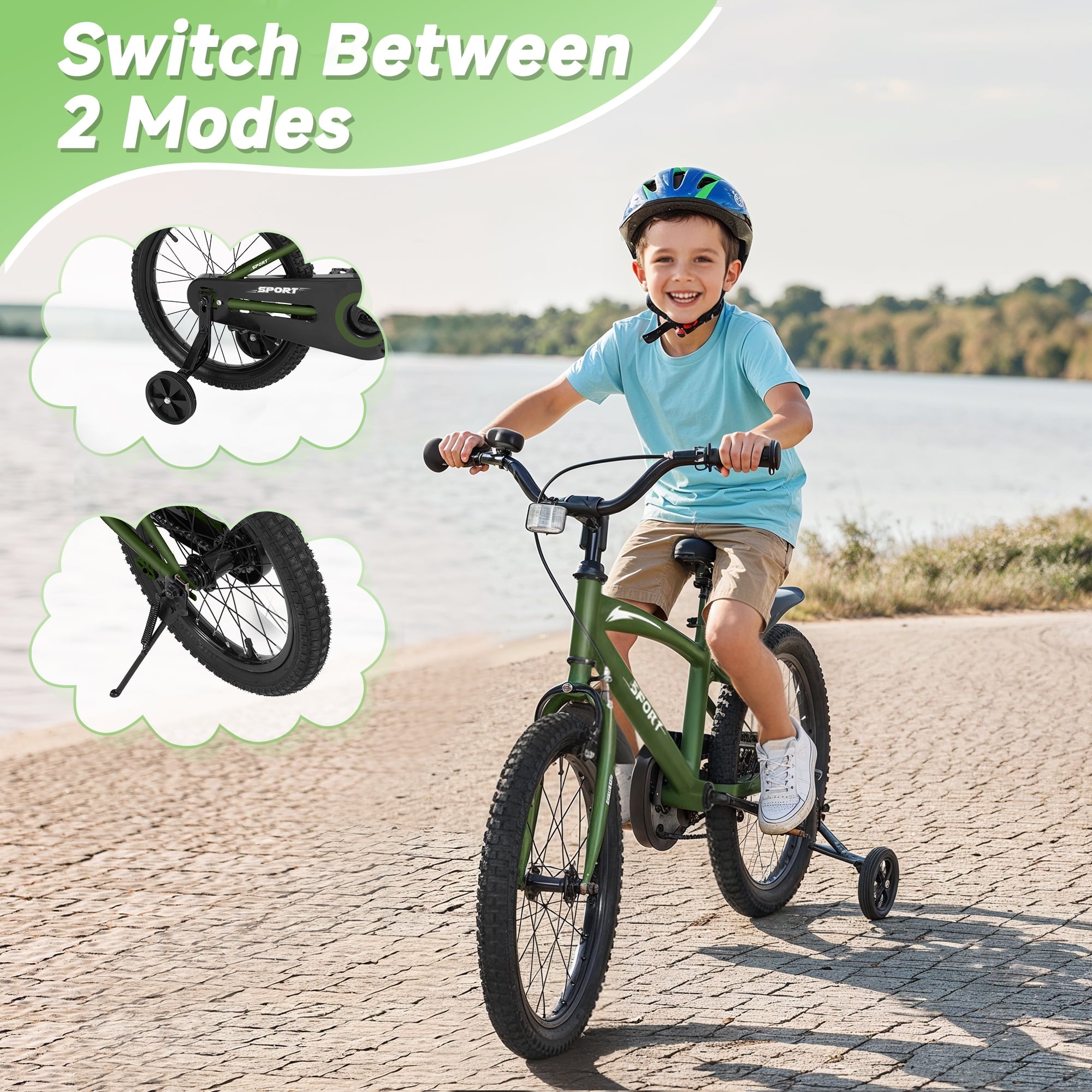 Naipo 18 Inches Kids Bike Green for Boys and Girls Kids Bicycle With Removable Training Wheels and Adjustable Seat Height - NAIPO