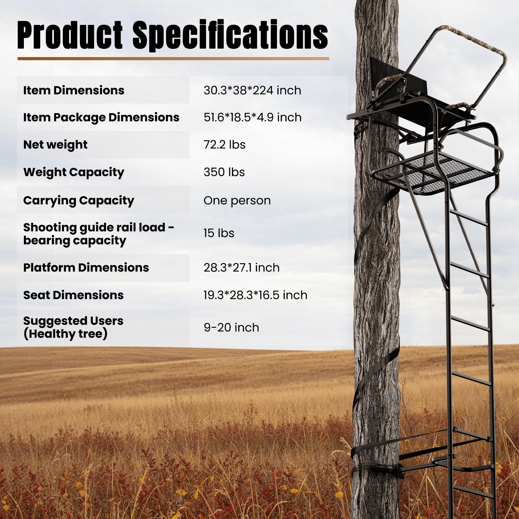 Naipo 18.7ft Hunting Ladder Stand for Deer Hunting With Adjustable Shooting Rail Wide Seat Hunting Stand 350lbs Capacity Full Body Harness Hunting Tree Stand - NAIPO