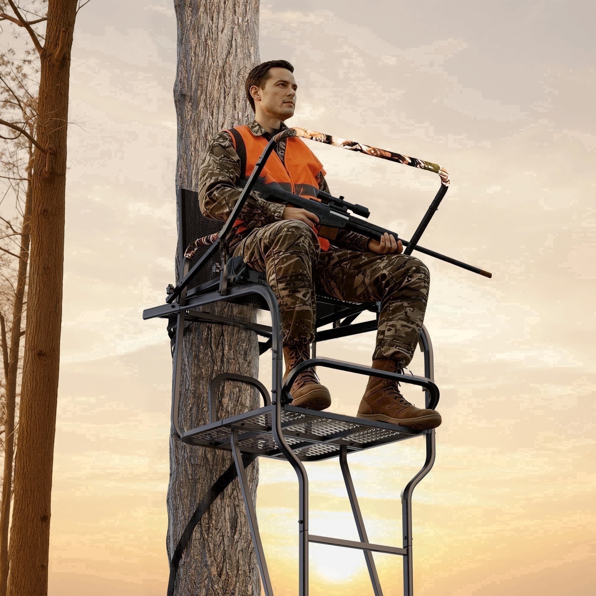 Naipo 18.7ft Hunting Ladder Stand for Deer Hunting With Adjustable Shooting Rail Wide Seat Hunting Stand 350lbs Capacity Full Body Harness Hunting Tree Stand - NAIPO