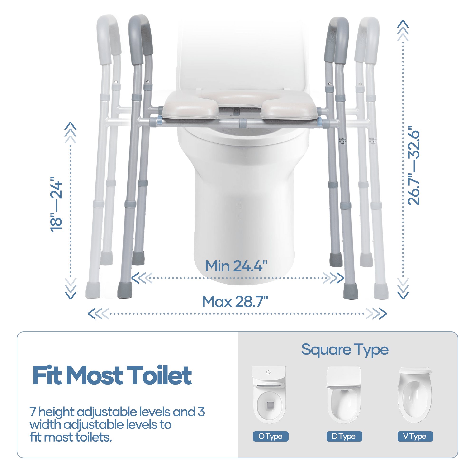 Naipo 3-in-1 Bedside Commode Chair for Seniors,Toilet Riser,Shower Chair,Adjustable Height and Width,Padded Seat and Armrests,300 lbs Capacity,7.5 Quart Removable Bucket - NAIPO