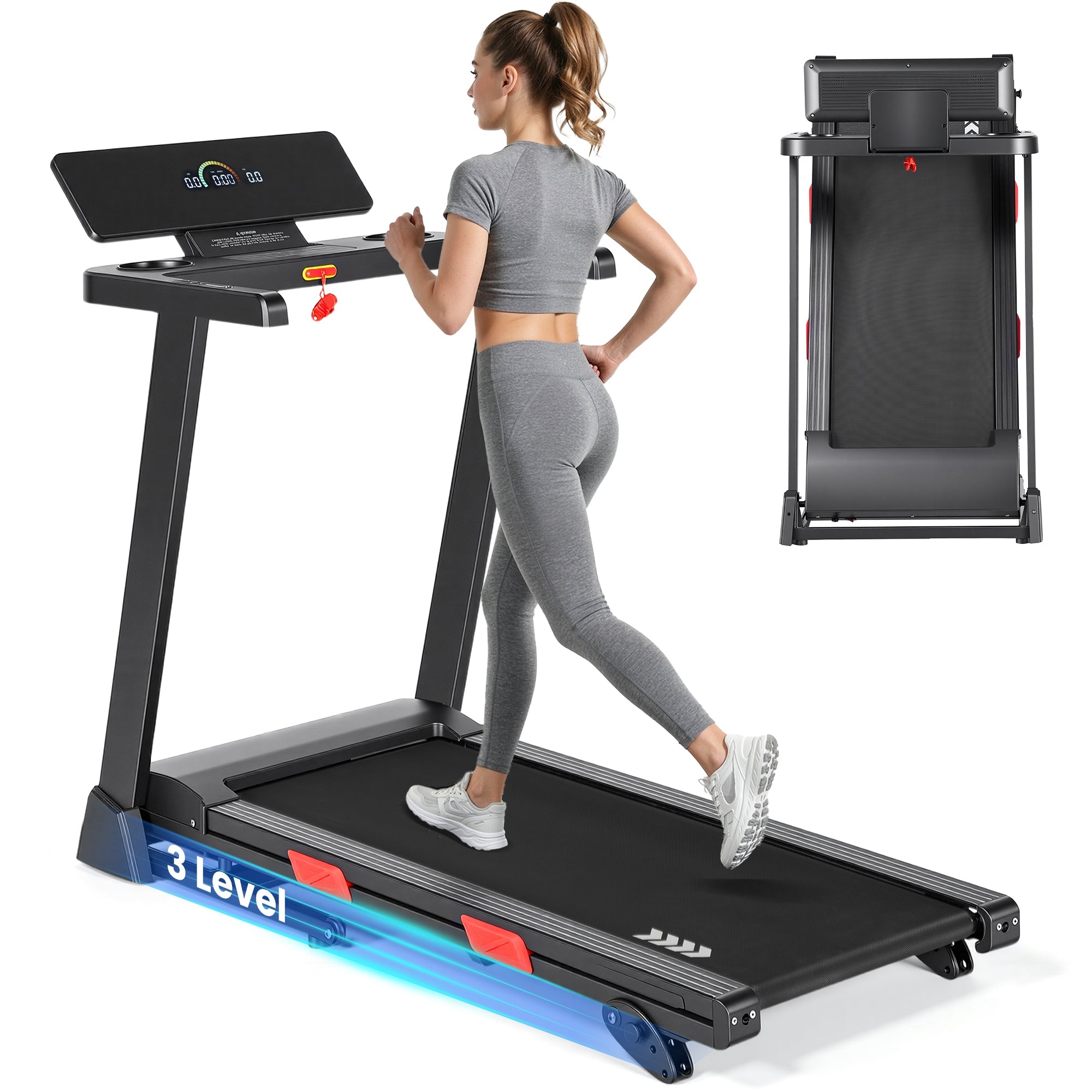 Naipo 3 Level Manual Incline Treadmill 2.5HP Dual Storage Folding Modes Treadmill with 0.6 - 8.5MPH Speed Range Foldable Monitor Water Cup Holder & Safety key for Home Gym Exercise 286lbs - NAIPO