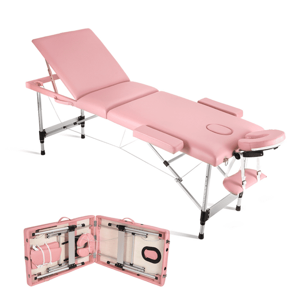 Naipo 3-Section Professional Massage Table 73''Long 82'' Height Adjustable Folding with Aluminum Legs Carrying Bag for Salon Lash Treatments, Maximum Weight 595lbs, Pink - NAIPO