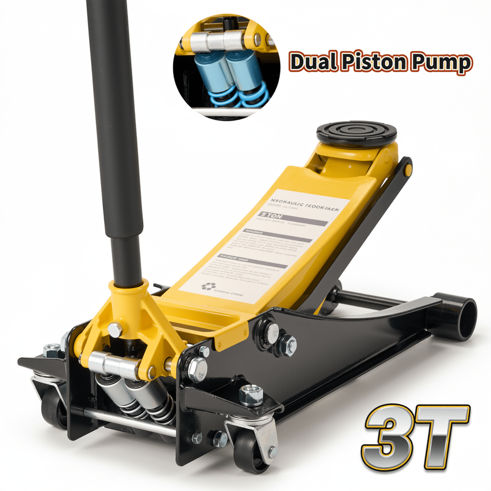 Naipo 3 Ton Low Profile Floor Jack, Dual Piston Hydraulic Pump, Heavy Duty All Steel Construction, Lifting Range 2.8" - 19.7", Use for Car, SUV, Mini RV, Light Truck, Yellow - NAIPO